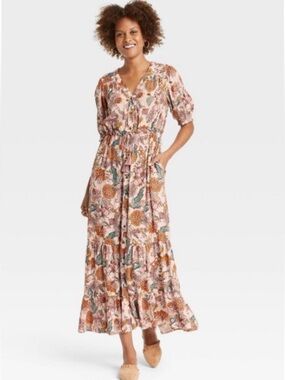 Knox Rose Pink Floral Tiered Maxi Dress with Orange & Green Accents size M